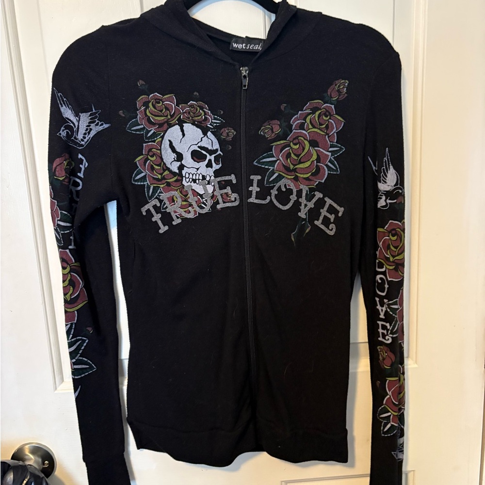 Wet Seal Black Jacket with Skull and Rose Design